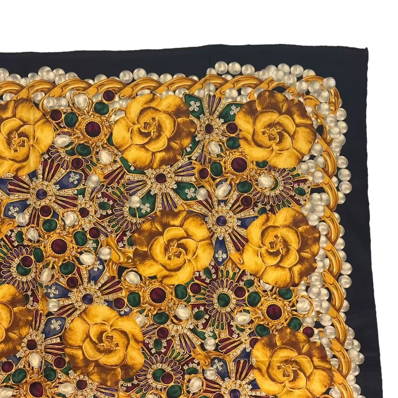 Chanel Scarf Silk Gripoix Gemstone Floral Black Gold — view 4