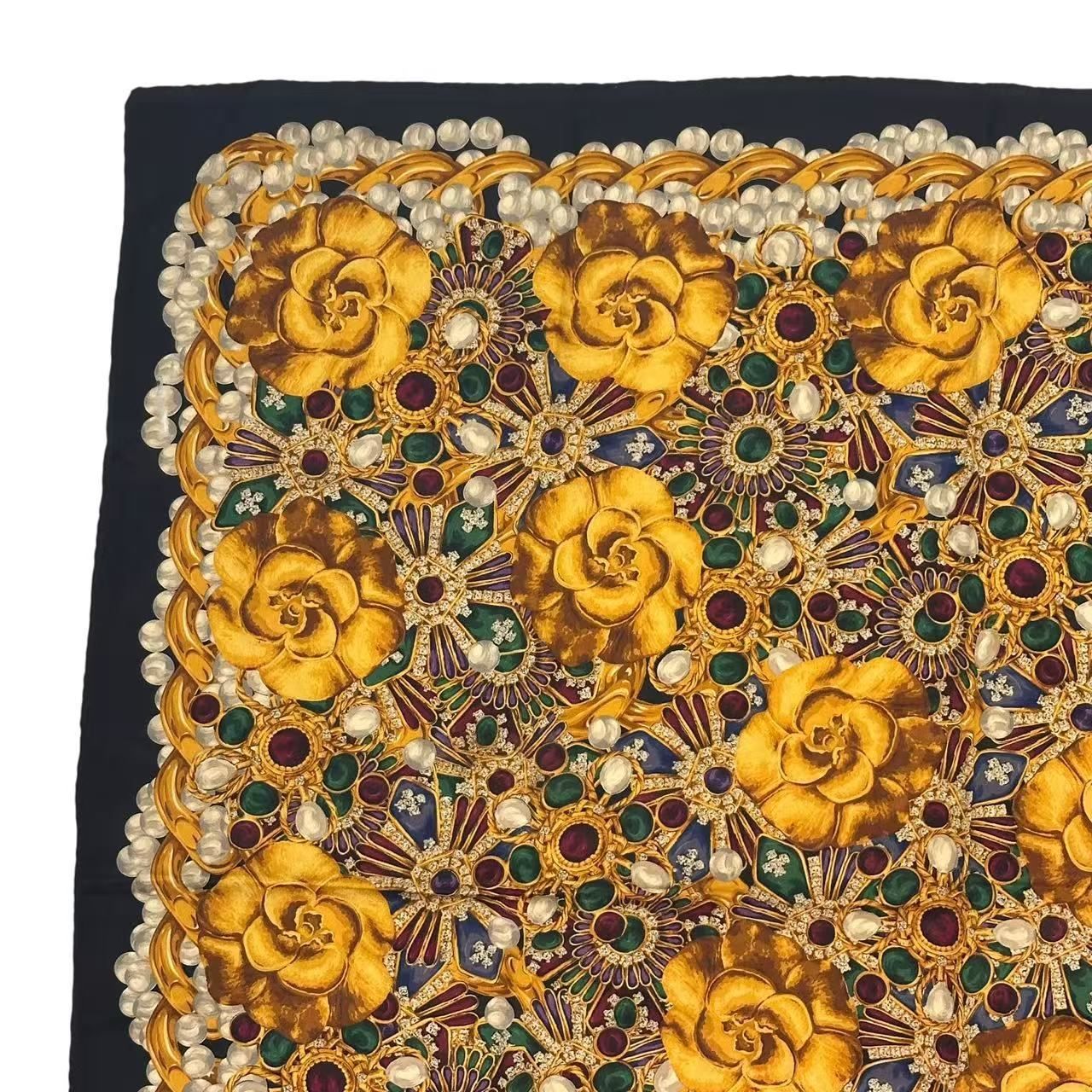Chanel Scarf Silk Gripoix Gemstone Floral Black Gold — view 2
