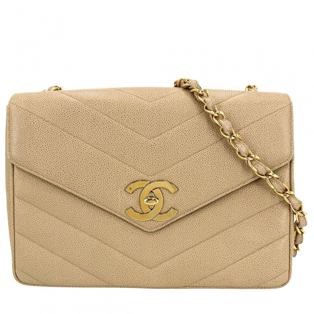 Chanel Shoulder Bag CC Logo Turnlock Crossbody Stitch Chez Blanc Caviar Leather