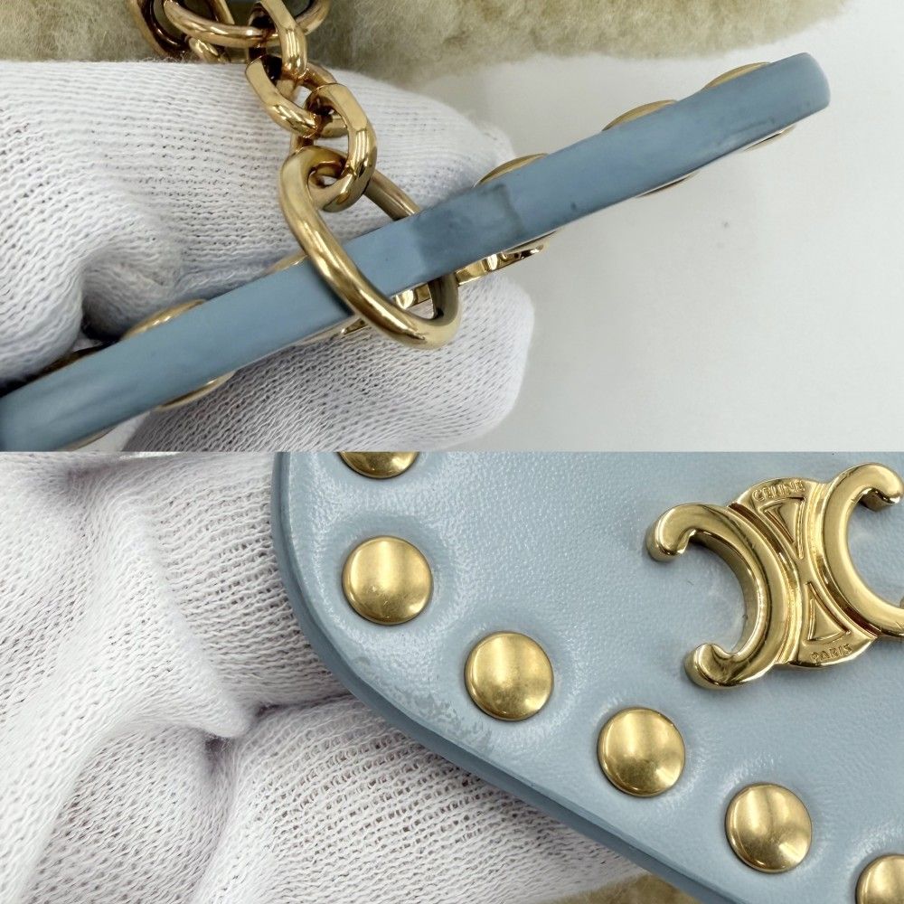 Celine Key Holder Pom Charm Triomphe Heart Key Ring Wool Beige Light Blue Gold — view 6