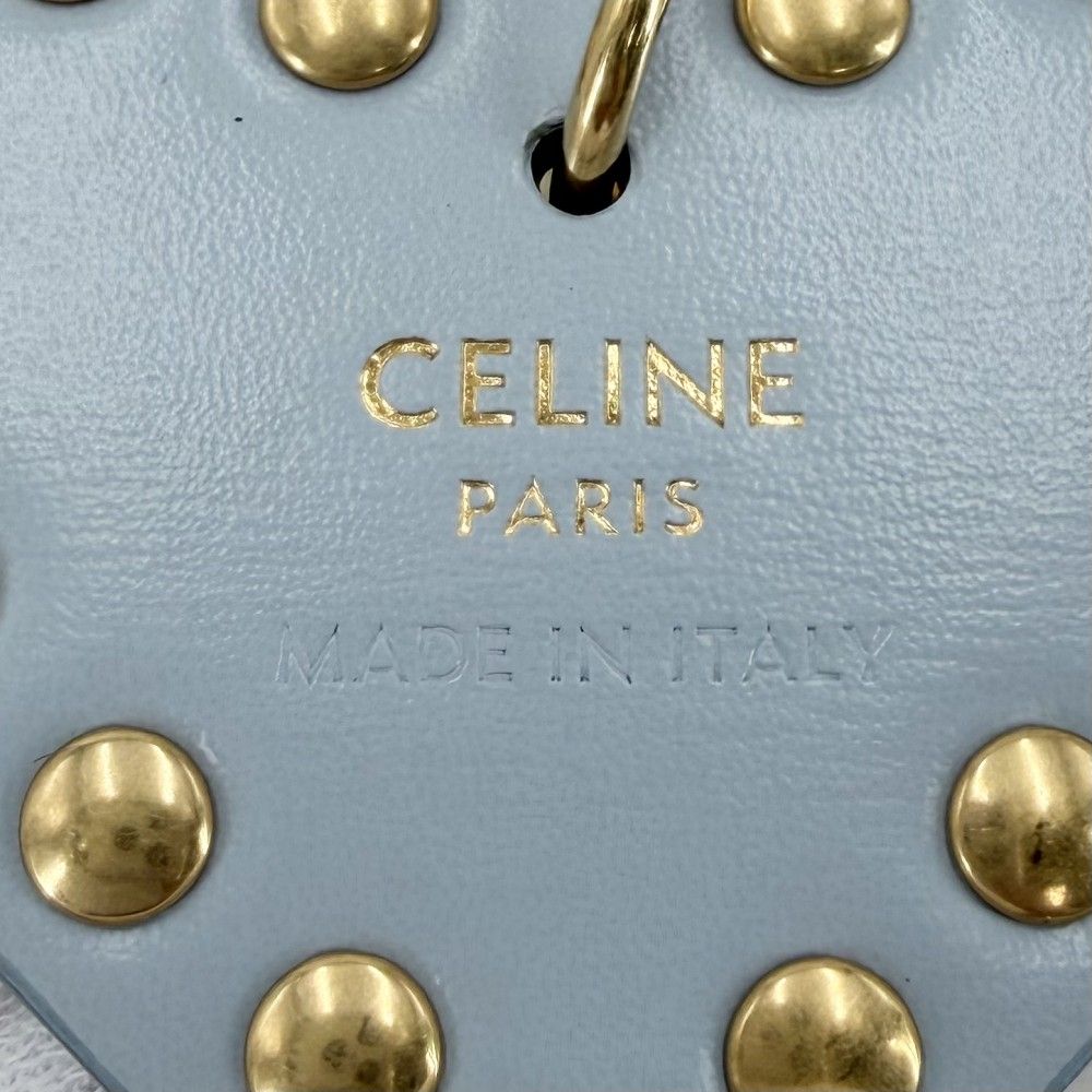 Celine Key Holder Pom Charm Triomphe Heart Key Ring Wool Beige Light Blue Gold — view 4