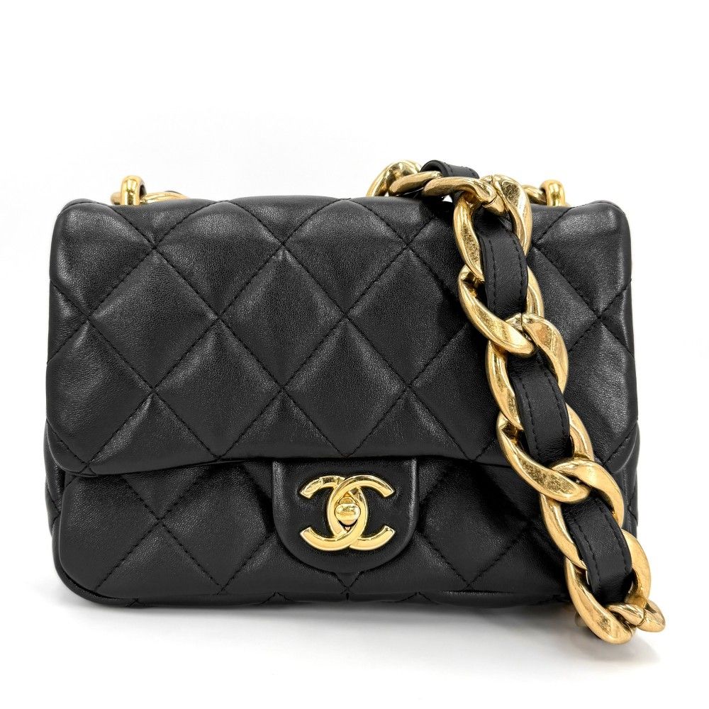 Chanel Shoulder Bag Quilted CC Logo Chain Leather Black Gold