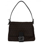Fendi Shoulder Bag Zucchino Mamma Bucket Canvas Leather Brown Black Gunmetal