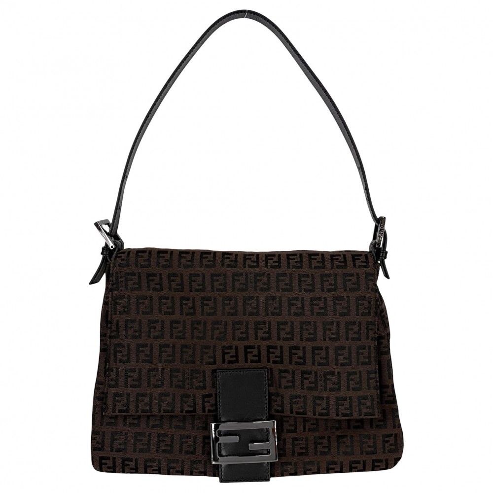 Fendi Shoulder Bag Zucchino Mamma Bucket Canvas Leather Brown Black Gunmetal