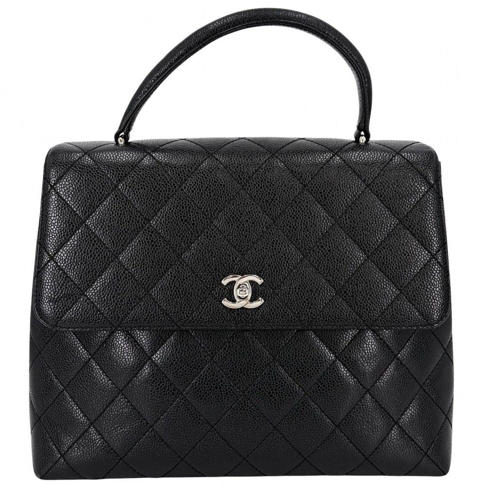 Chanel Handbag Quilted CC Logo Turnlock Top Handle Caviar Leather Black Silver