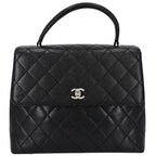 Chanel Handbag Quilted CC Logo Turnlock Top Handle Caviar Leather Black Silver