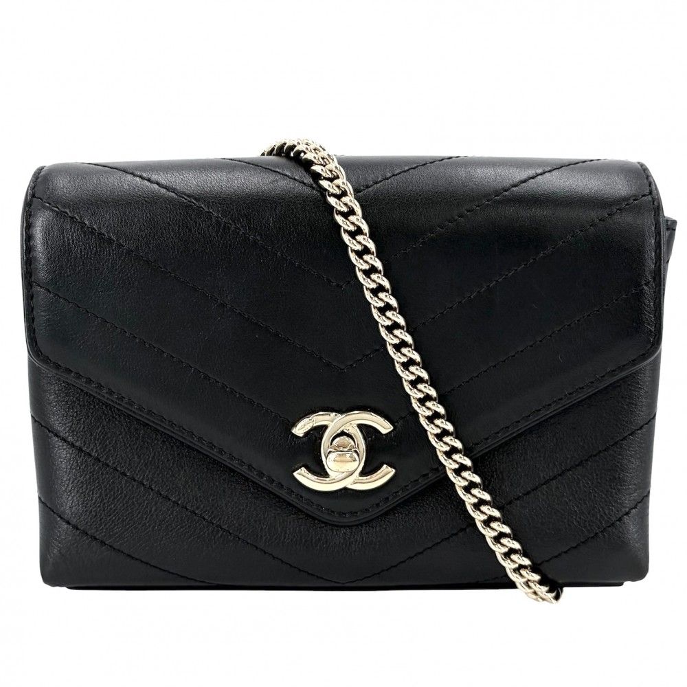 Chanel Shoulder Bag Chez Blanc Stitch CC Logo Bag Crossbody Leather Black Gold