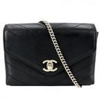 Chanel Shoulder Bag Chez Blanc Stitch CC Logo Bag Crossbody Leather Black Gold