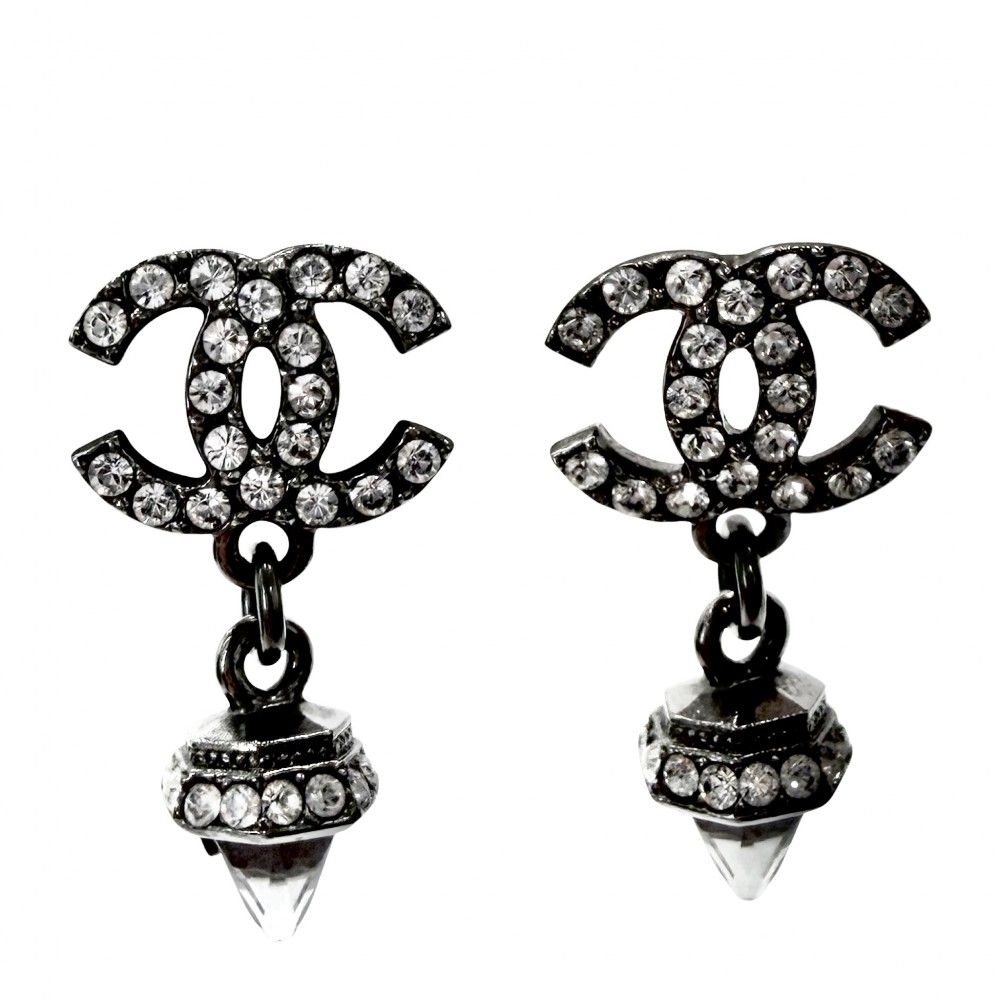 Chanel Earrings CC Logo Swing Rhinestone Silver