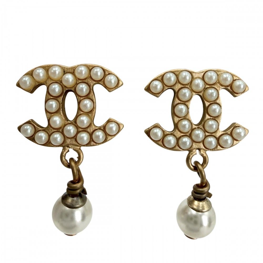 Chanel Earrings CC Logo Swing Gold Faux Pearl