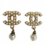 Chanel Earrings CC Logo Swing Gold Faux Pearl