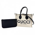 Gucci 2-Way Tote Shoulder Crossbody Lido Cotton Linen Beige Navy Silver