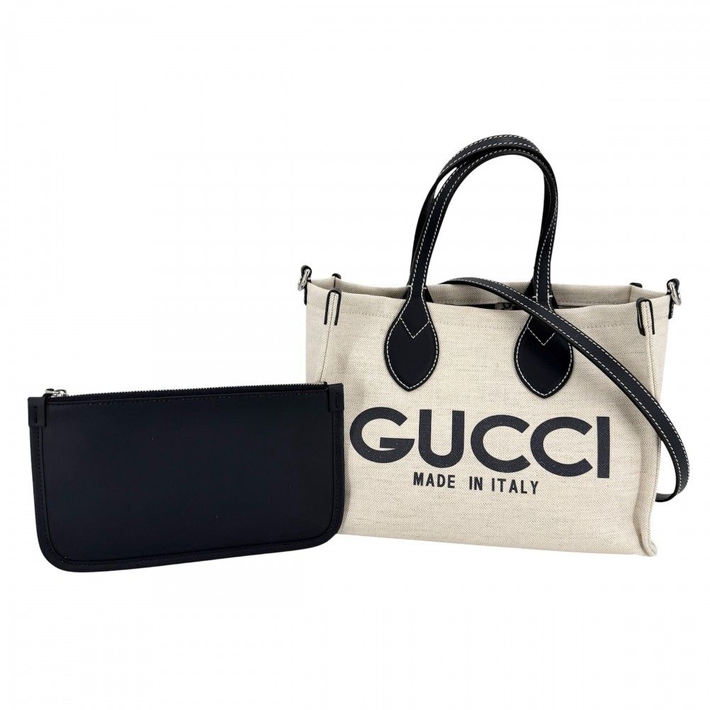 Gucci 2-Way Tote Shoulder Crossbody Lido Cotton Linen Beige Navy Silver