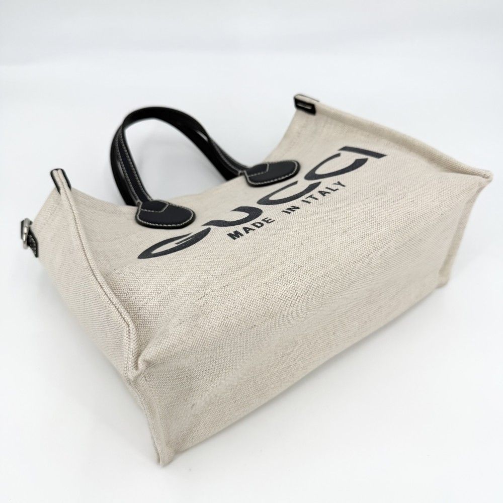 Gucci 2-Way Tote Shoulder Crossbody Lido Cotton Linen Beige Navy Silver — view 3