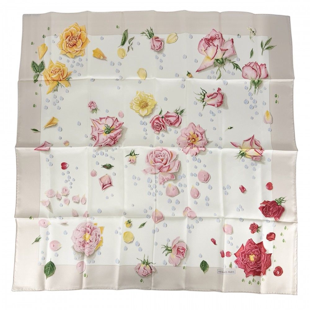 Hermes Scarf Carre 90 la Rosee Rose Drop Carres Silk Ivory