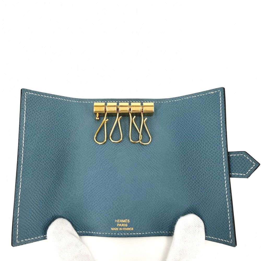 Hermes Key Case Bearn Quadruple Strand Leather Blue Gold Key Holder — view 4