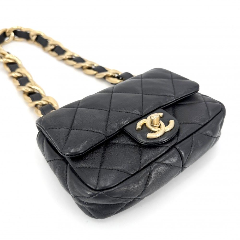 Chanel Shoulder Bag Quilted CC Logo Bag Chain Square Lambskin Black Gold — view 3