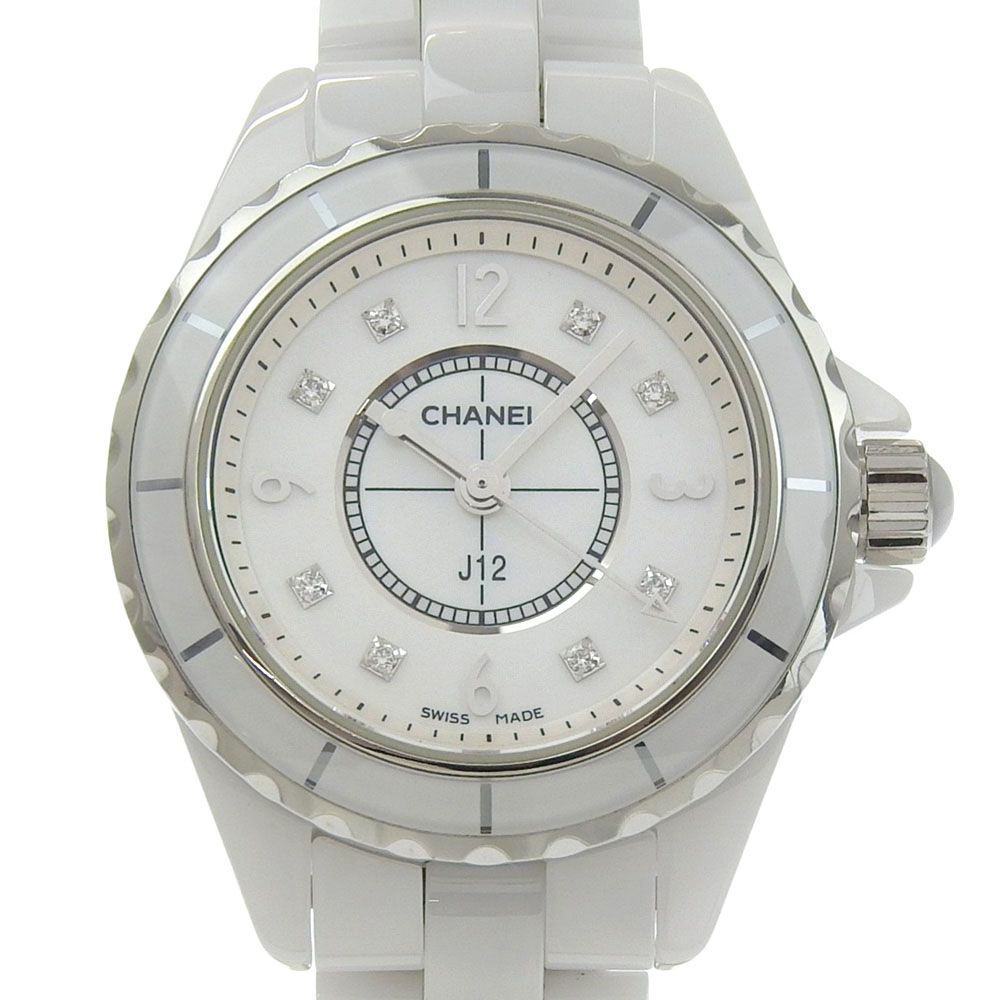 Chanel Diamond White Ceramic Quartz Analog Watch with Shell Dial