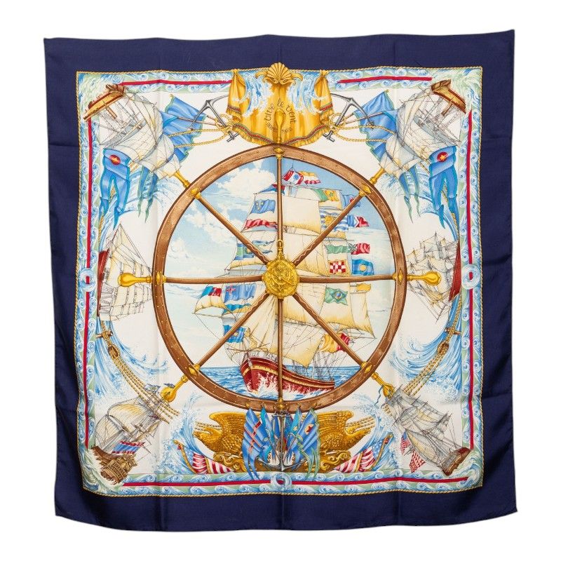 Hermes Carre 90 Vive le Vent Scarf Oversized Navy Multicolor Silk