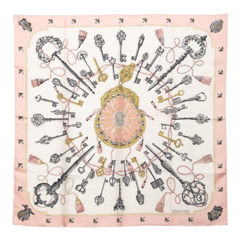 Hermes Carre 90 les Cles Key Scarf Oversized Pink and White Silk
