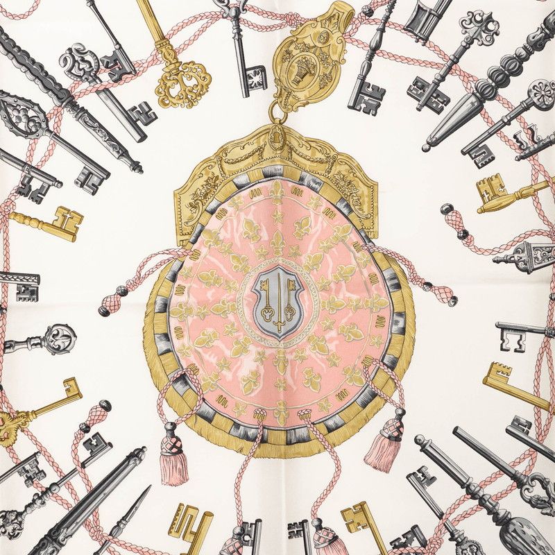 Hermes Carre 90 les Cles Key Scarf Oversized Pink and White Silk — view 3