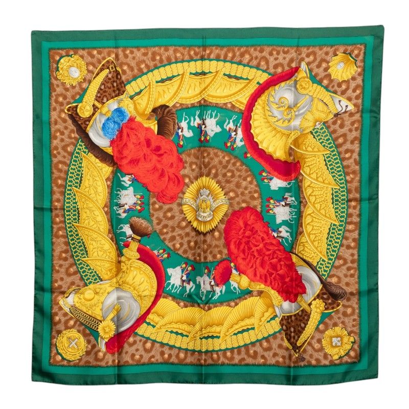 Hermes Carre 90 Casques Et Plumets Faceless Helmet Scarf Oversized Green