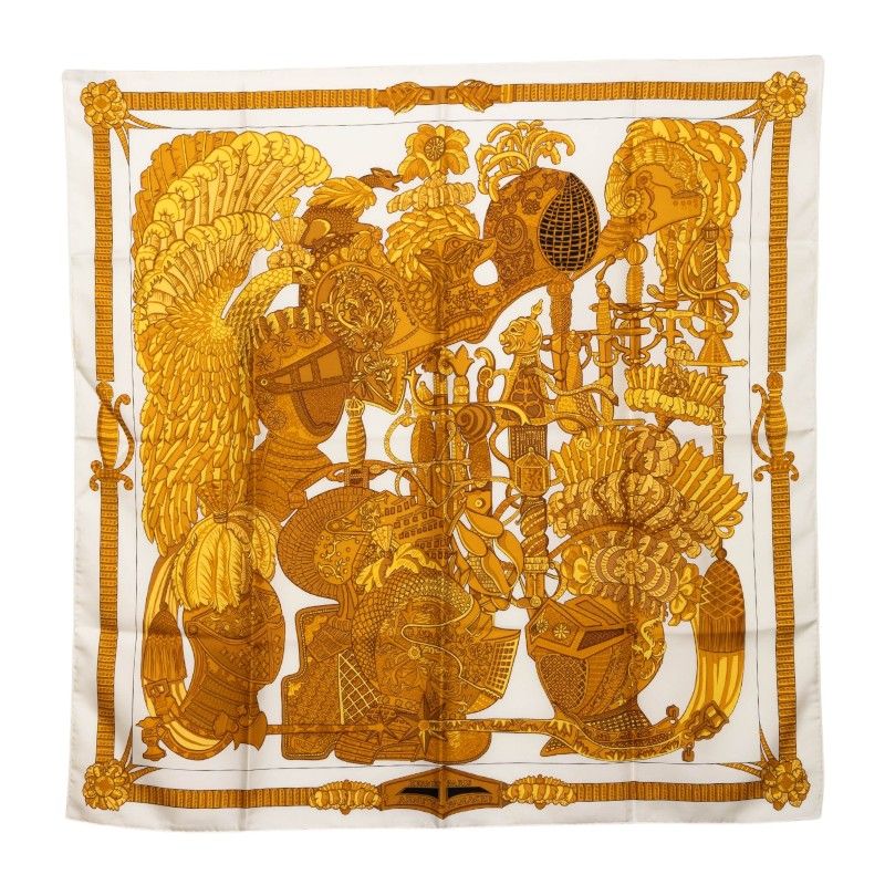 Hermes Carre 90 Armets en Panache Feathered Helmet Scarf Large Ivory Gold Silk