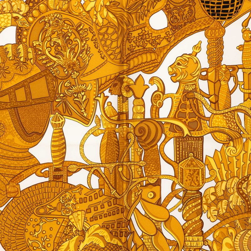 Hermes Carre 90 Armets en Panache Feathered Helmet Scarf Large Ivory Gold Silk — view 8