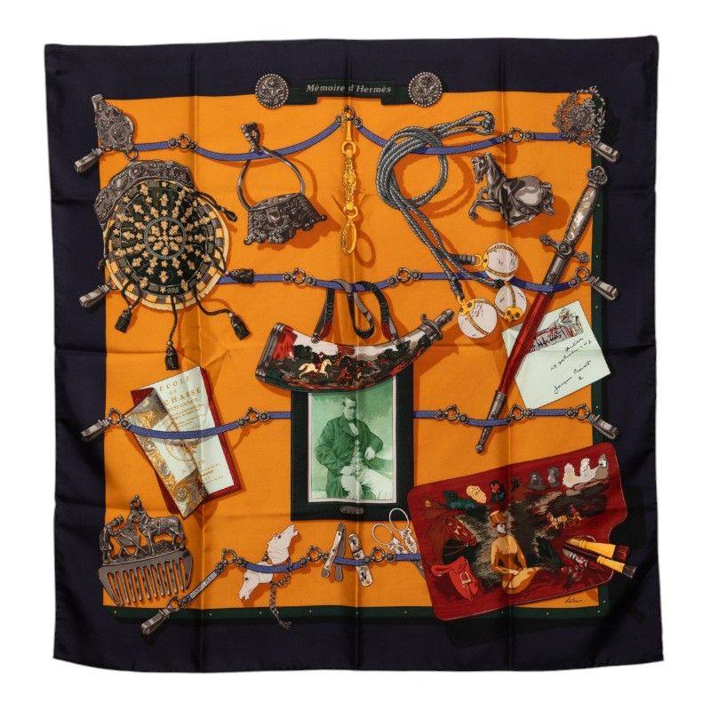 Hermes Carre 90 Memoire D'hermes Scarf Oversized Navy Orange