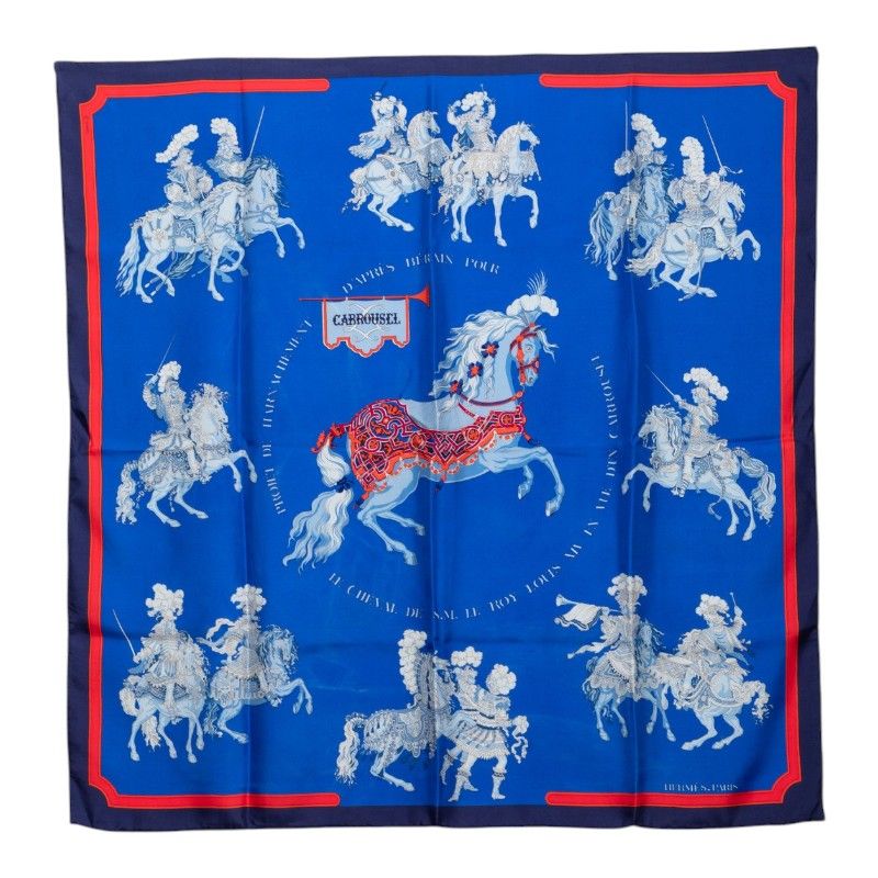 Hermes Carre 90 Carrousel Merry Go Round Scarf Oversized Blue Silk