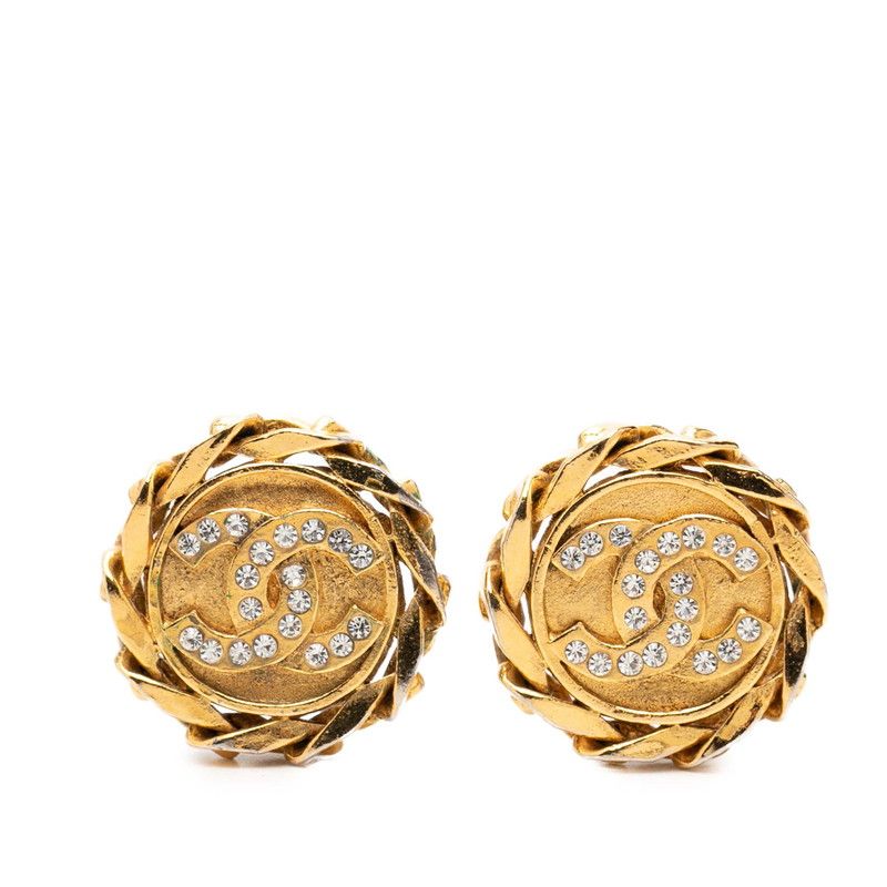 Chanel CC Logo Vintage Round Earrings Gold Plated Rhinestone