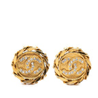 Chanel CC Logo Vintage Round Earrings Gold Plated Rhinestone