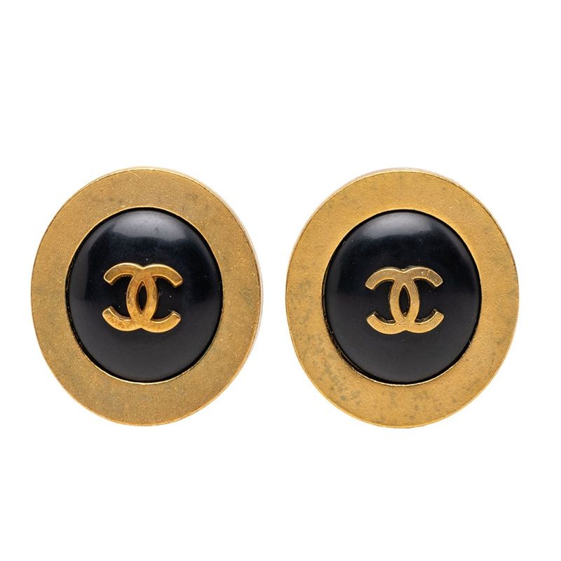 Chanel CC Logo Vintage Round Earrings 94 Gold Black Plated