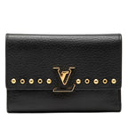 Louis Vuitton Capucines Compact Studded Trifold Wallet Black Leather