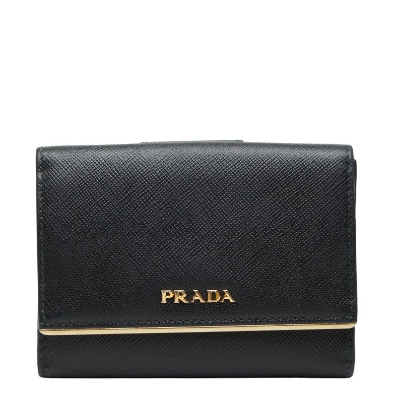 Prada Logo Trifold Wallet Flap Black Saffiano Leather