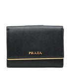 Prada Logo Trifold Wallet Flap Black Saffiano Leather