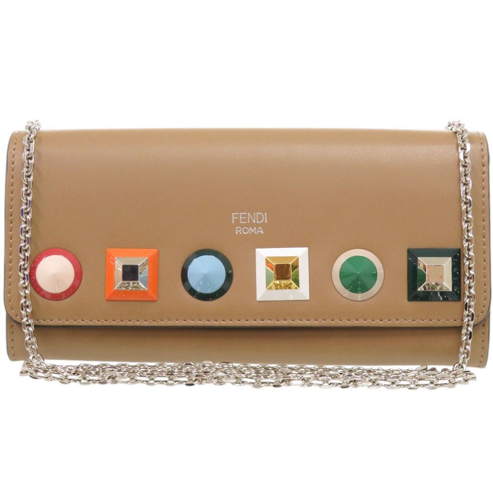 Fendi Chain Wallet Studs Leather Brown