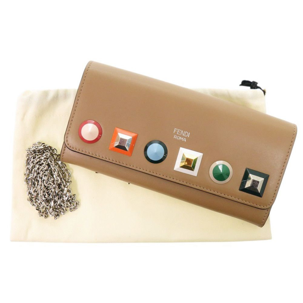 Fendi Chain Wallet Studs Leather Brown — view 2