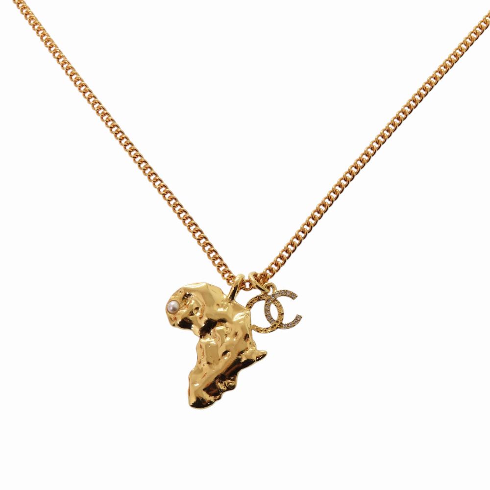 Chanel CC Logo African Continental Motif Metal Faux Pearl Rhinestone Gold