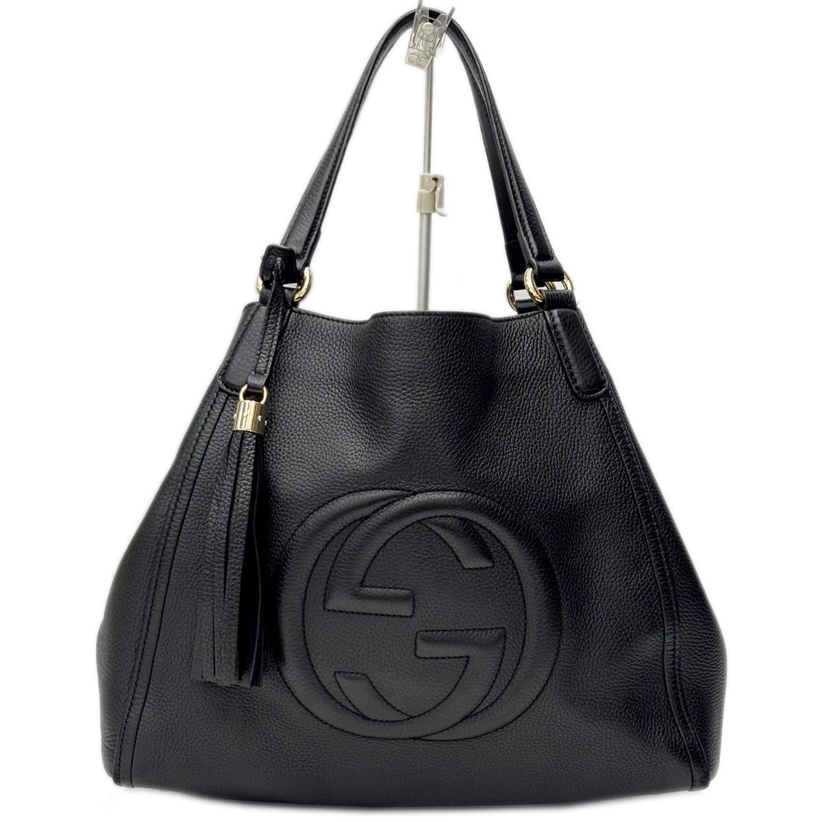 Gucci Tote Leather Black GG Soho Cellarius Fringe Tassel