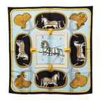 Hermes Carre 90 Grand Apparat Dressed Up Horse Scarf Large Black Blue Silk