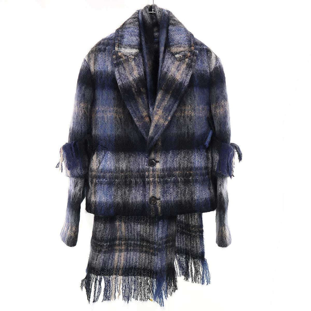 Loewe Mohair Wool Blend Scarf Check Jacket Blue 32