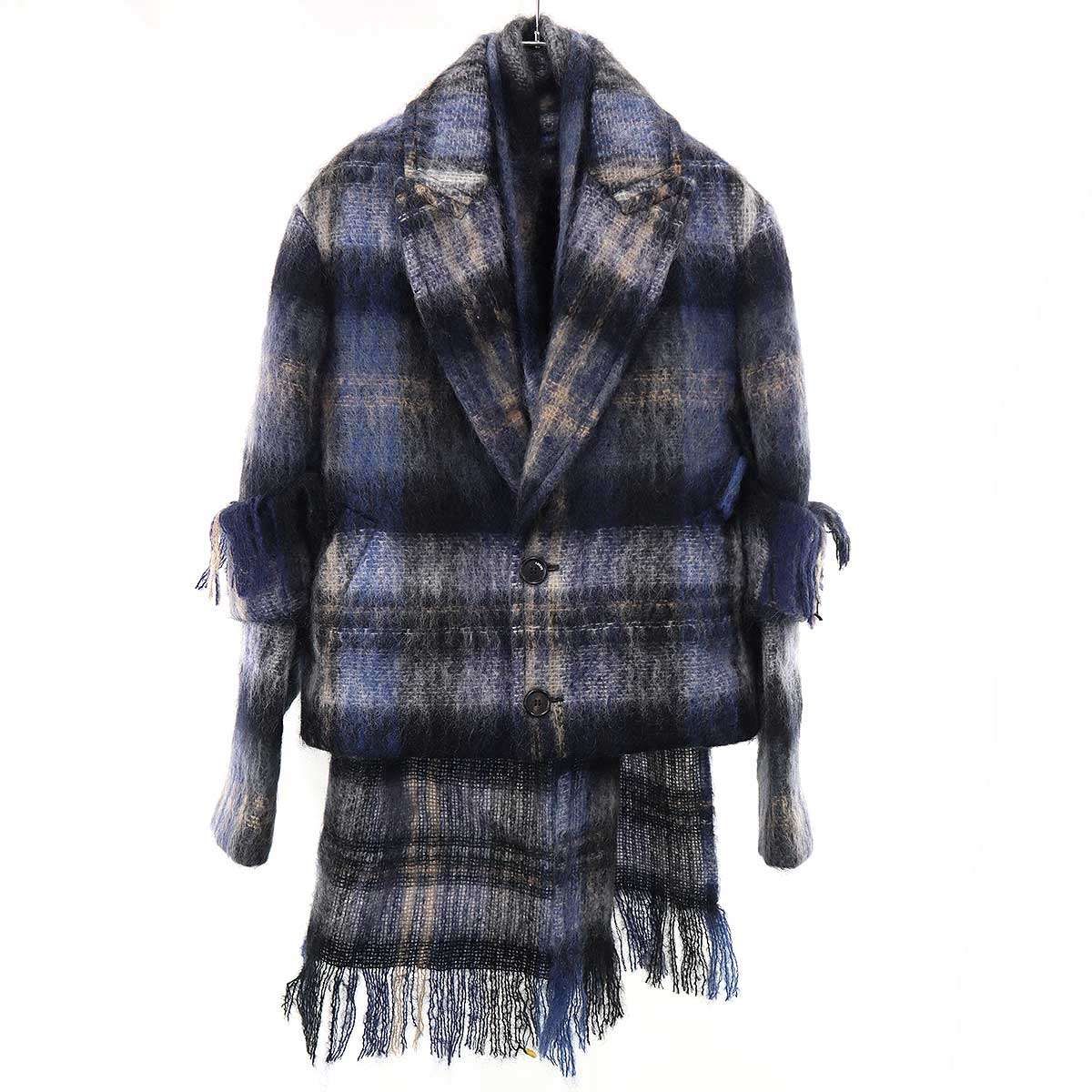 Loewe Mohair Wool Blend Scarf Check Jacket Blue 32