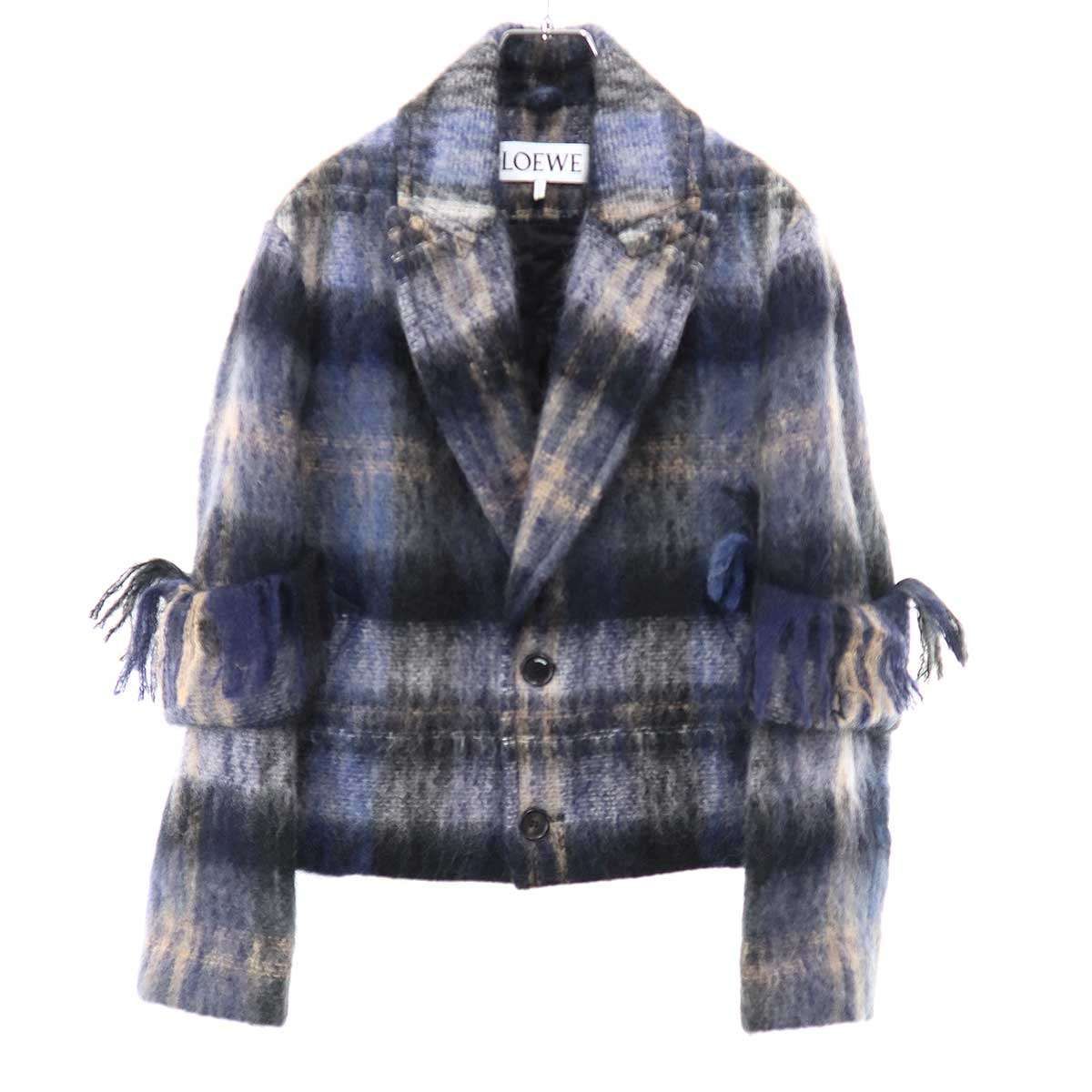 Loewe Mohair Wool Blend Scarf Check Jacket Blue 32 — view 2
