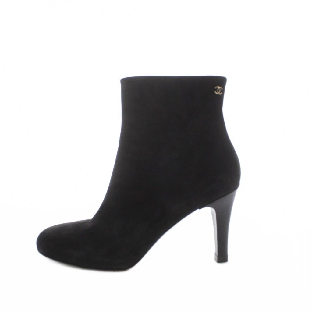 Chanel Short Boots Shoes 37.5 Black Suede Leather CC Logo RI