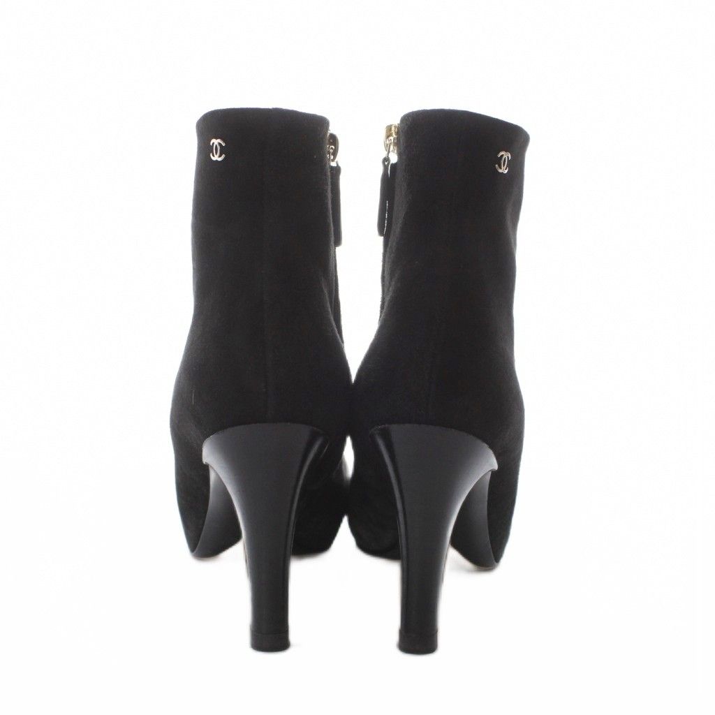 Chanel Short Boots Shoes 37.5 Black Suede Leather CC Logo RI — view 4
