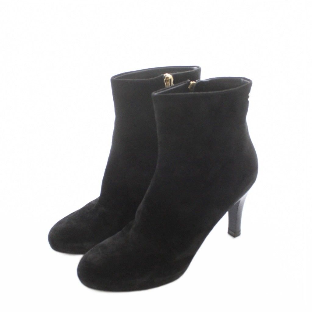 Chanel Short Boots Shoes 37.5 Black Suede Leather CC Logo RI — view 2