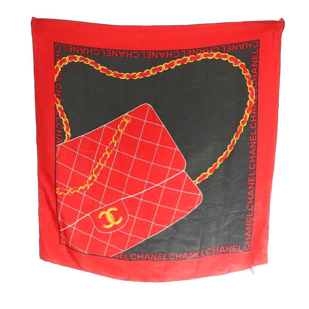 Chanel CC Logo Scarf All Over Silk Red Black