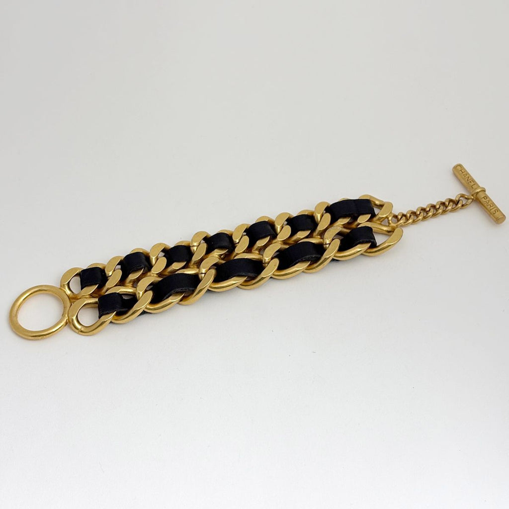 Chanel Double Chain Bracelet Leather Gold Black — view 2
