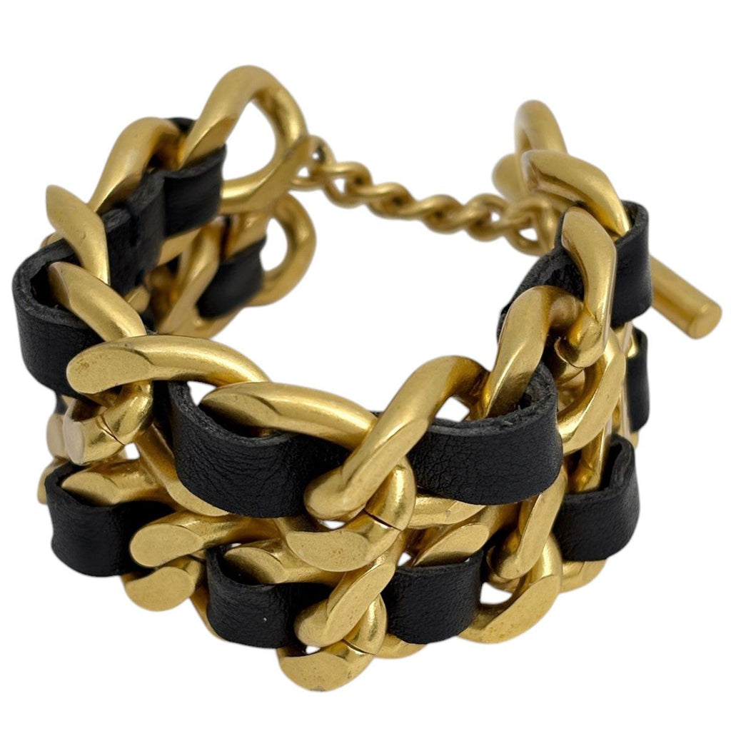Chanel Double Chain Bracelet Leather Gold Black
